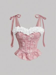 flower decorated frilled hem cami crop top with appliques